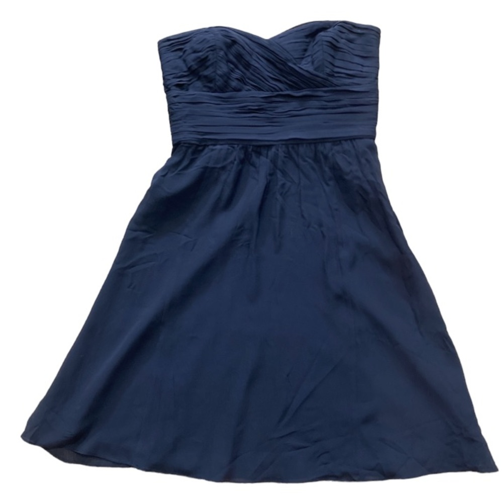 Ann Taylor Navy Blue Silk Strapless Dress with Ruched Top, Size 4